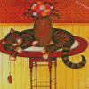 Sleepy Cat And Flower Vase Diamond Painting