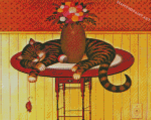 Sleepy Cat And Flower Vase Diamond Painting