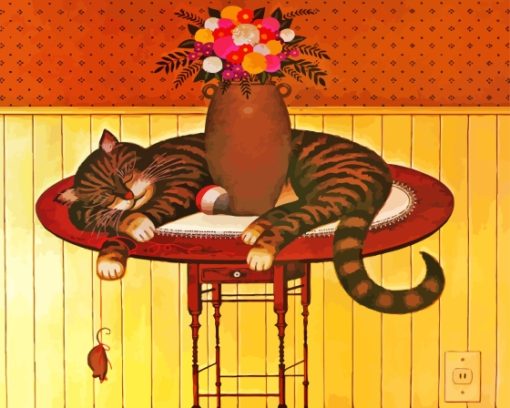 Sleepy Cat And Flower Vase Diamond Painting